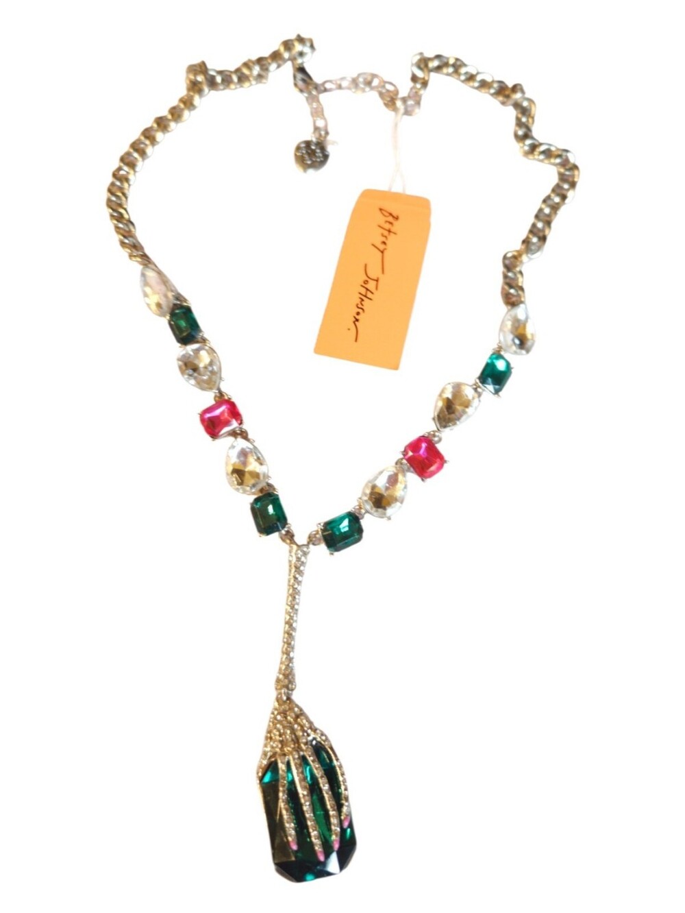 💀💎BETSEY Spooky Silver-Tone Skeleton Hand Bejeweled Y-Drop Necklace - NWT